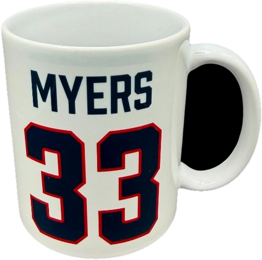 Laser-engraved Myers player number mug